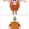 A woman wearing a brown Mr. Potato Head costume with large eyes and a smiling mouth, shown from the front.
