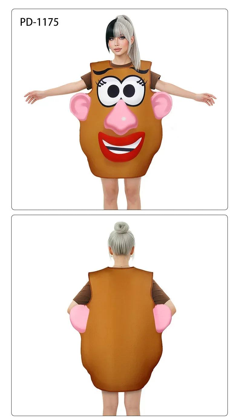 A woman wearing a brown Mr. Potato Head costume with large eyes and a smiling mouth, shown from the front.