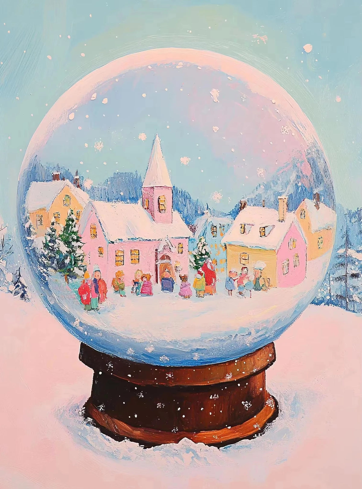 A diamond painting kit featuring a whimsical holiday scene of a village under a glowing glass sphere.