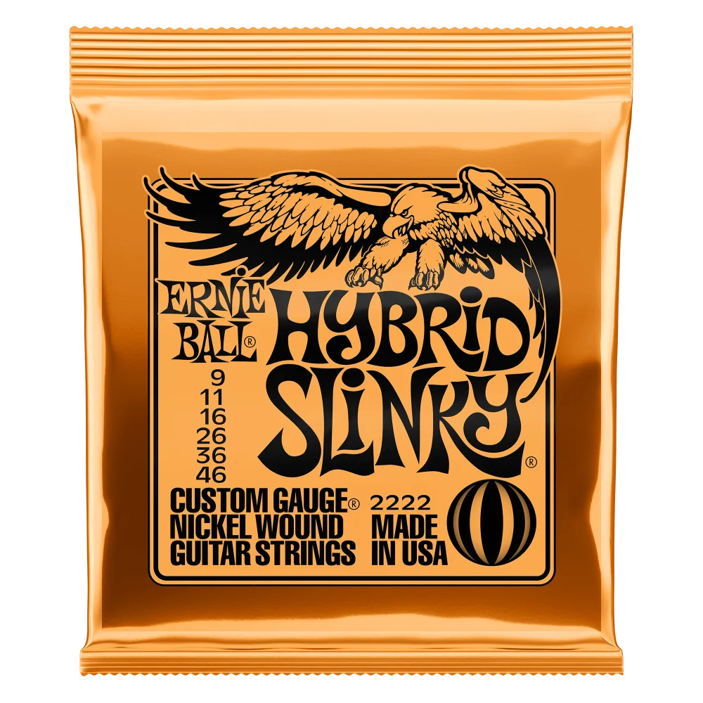 A package of Ernie Ball Hybrid Slinky nickel wound electric guitar strings with an eagle logo.