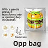 A clear plastic opp bag containing a spinning top toy shaped like a burger, demonstrating its transformation.