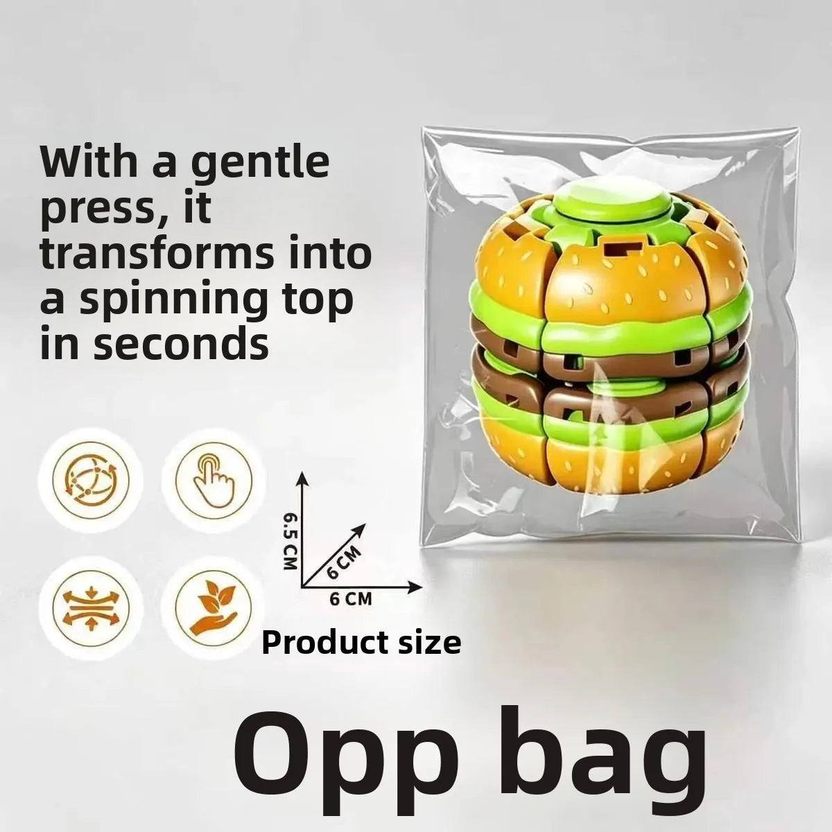 A clear plastic opp bag containing a spinning top toy shaped like a burger, demonstrating its transformation.