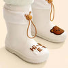 White waterproof bear rain boots for kids with brown leather accents and anti-slip soles