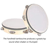 A white handheld tambourine with metal bells shown from the top view.