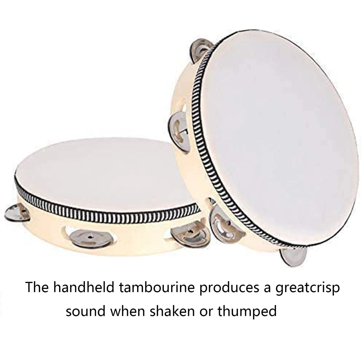 A white handheld tambourine with metal bells shown from the top view.