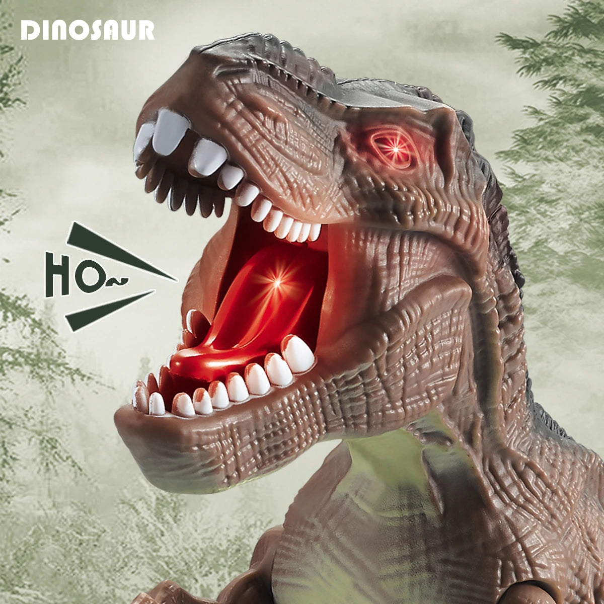 Gros plan d'un jouet robot dinosaure électrique marchant avec la bouche ouverte montrant de grandes dents et des yeux rouges.