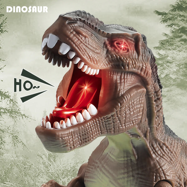 A close-up of an electric dinosaur walking robot toy with an open mouth showing large teeth and red eyes.