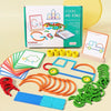 A box of wooden sticks and rings puzzle toys with various colored pieces laid out on a light background.