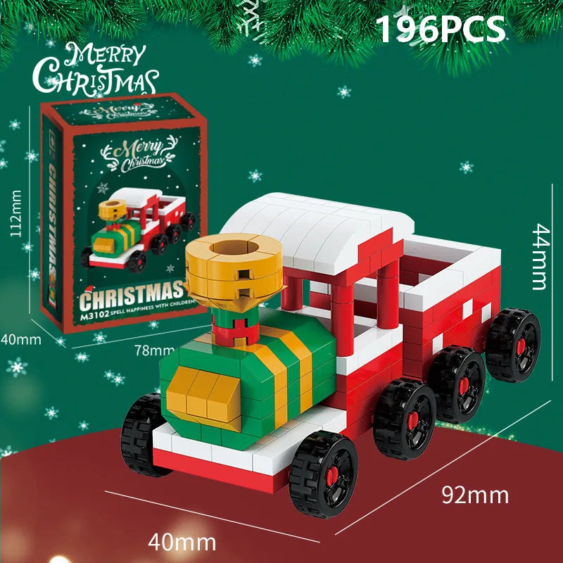 A red and green micro building block set shaped like a Christmas truck with wheels, packaged in a box.