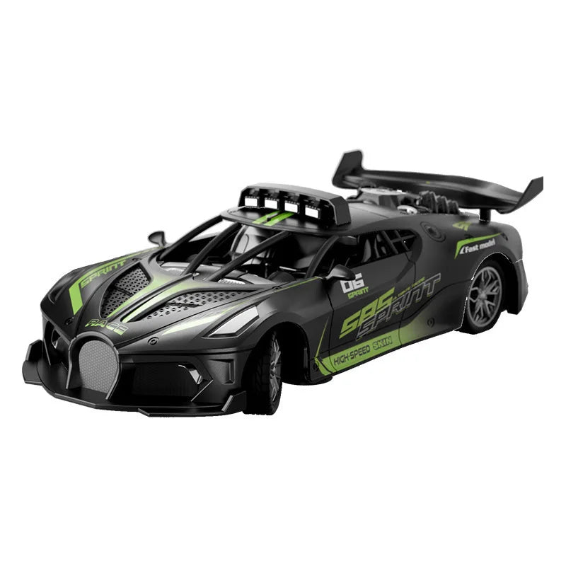A black and lime green high-speed remote control drift racing car for kids.