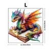 A detailed 3D wooden dragon puzzle featuring a vibrant, iridescent dragon with orange and green scales resting on an open boo