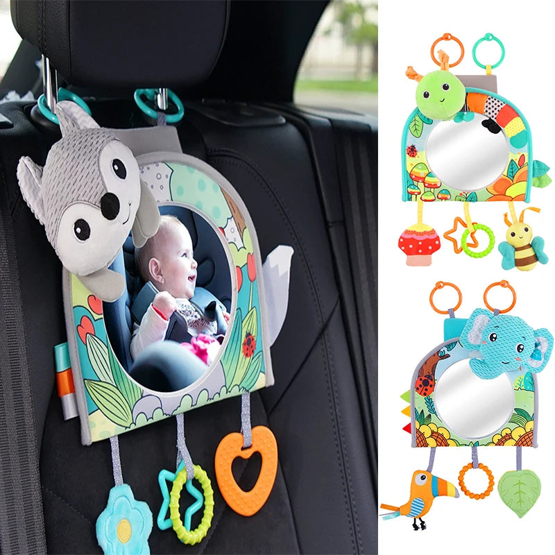 Baby Car Seat Toy with Mirror, Crinkle Paper & Teether