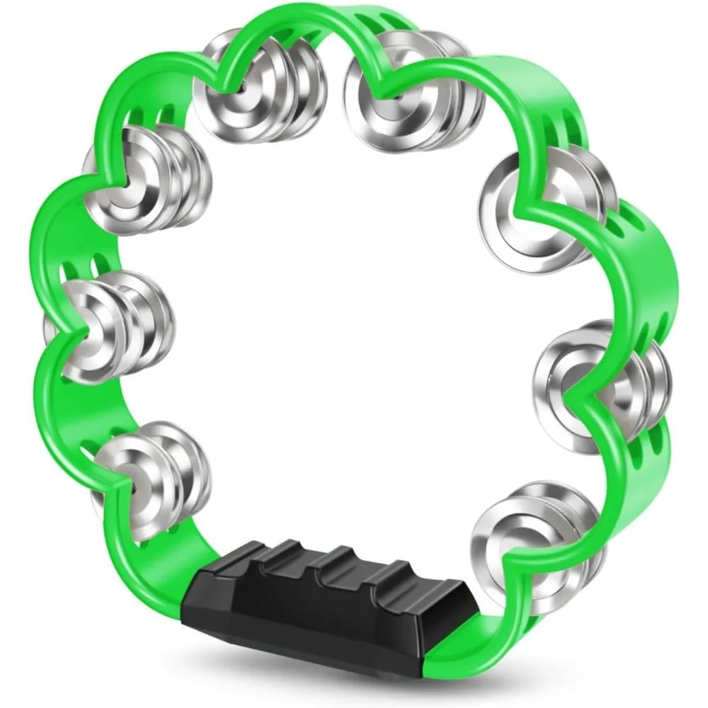 A green petal-shaped hand-cranked tambourine with silver grips and a black base.