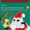 A Santa figure made of red and white building blocks is shown against a green background with festive greenery.