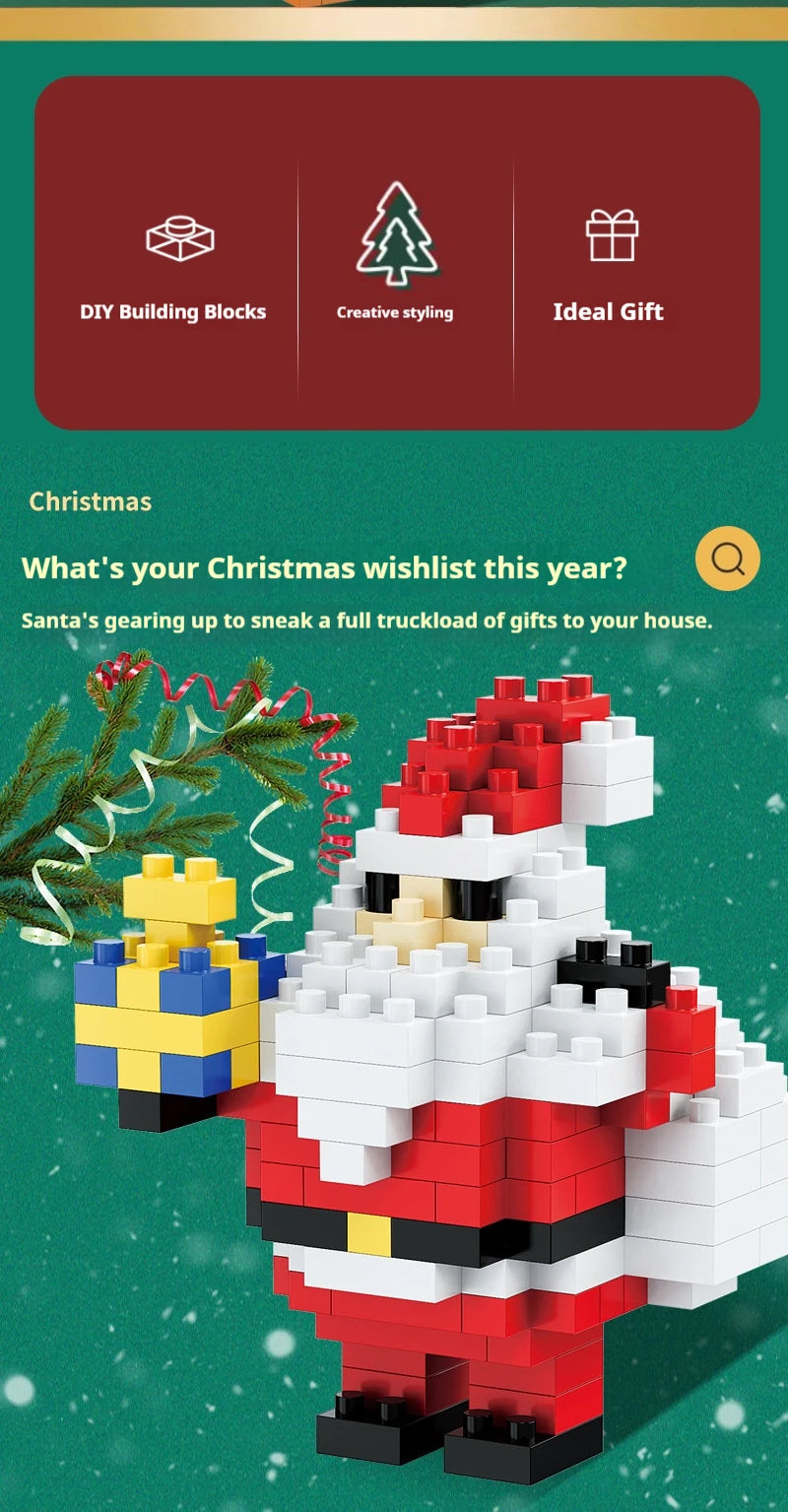 A Santa figure made of red and white building blocks is shown against a green background with festive greenery.