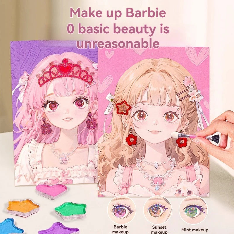 A set of three makeup looks for Barbie featuring pink and sunset shades, including a paper craft kit.