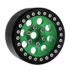 Black beadlock wheels with a green center and removable hex hub for an RC crawler.