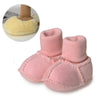Pink suede baby booties with plush fur lining shown next to a close-up of the fuzzy lining.