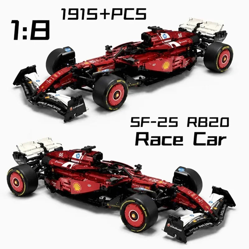 A detailed 1:8 scale SF-25 RB20 race car building kit with 1,915 pieces shown in red and black.