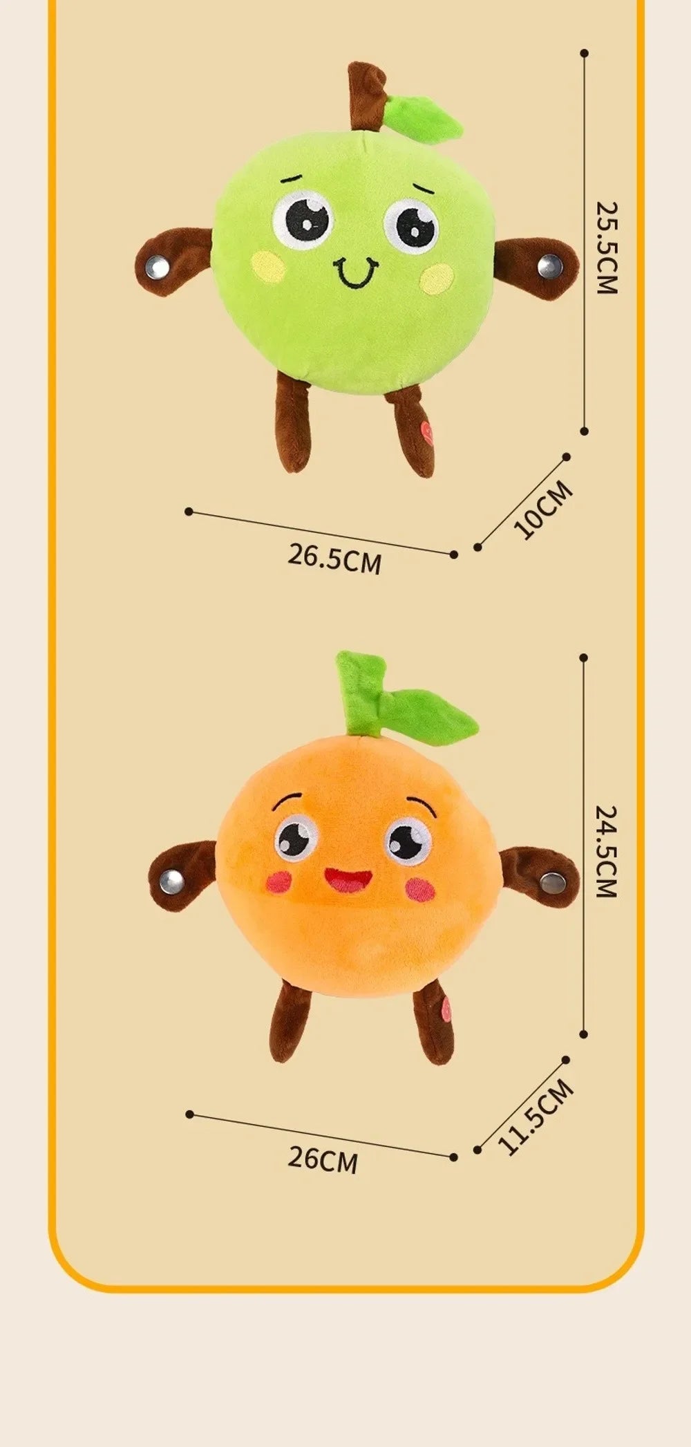 Two plush toys, one green and one orange, demonstrating beat-sensing interaction.