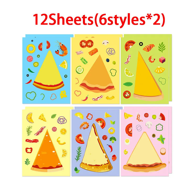 A set of twelve sheets of DIY pizza sticker craft kits featuring various food items and designs.