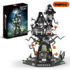A set of 598 pieces building a spooky Halloween castle haunted house structure out of gray and black blocks.