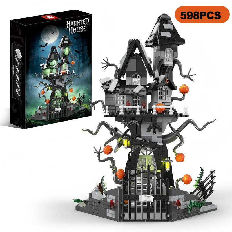 A set of 598 pieces building a spooky Halloween castle haunted house structure out of gray and black blocks.