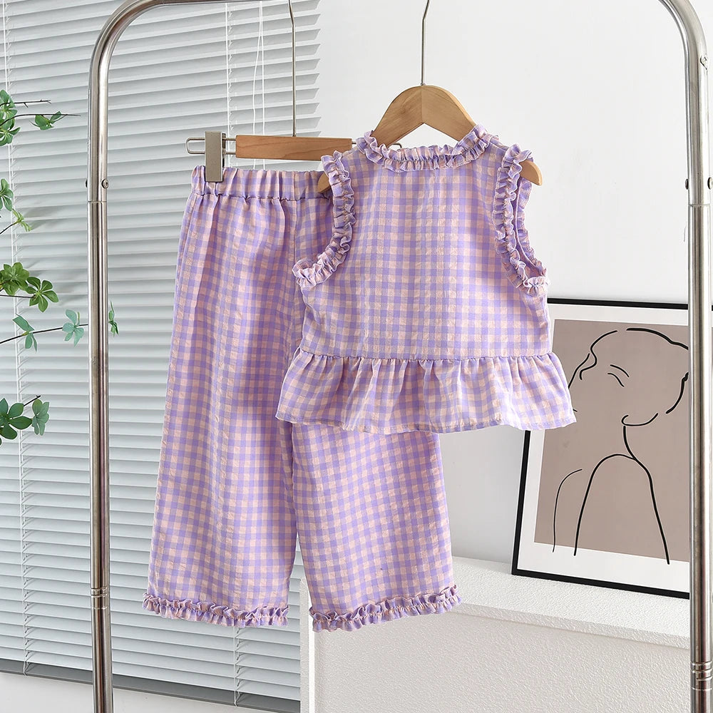 A purple gingham checkered lace vest and wide-leg pants set displayed on a hanger.