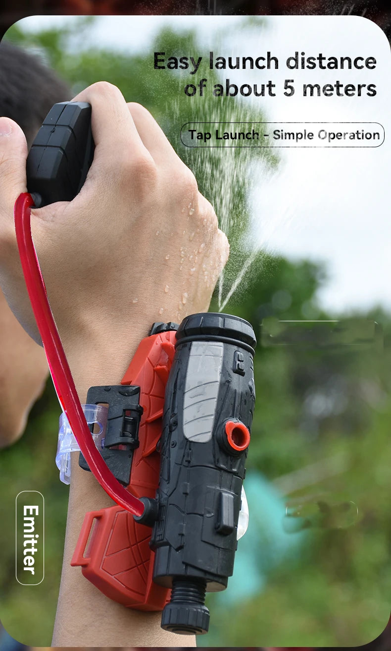 A hand is using a red launcher device to spray water, demonstrating an easy launch distance of about 5 meters.