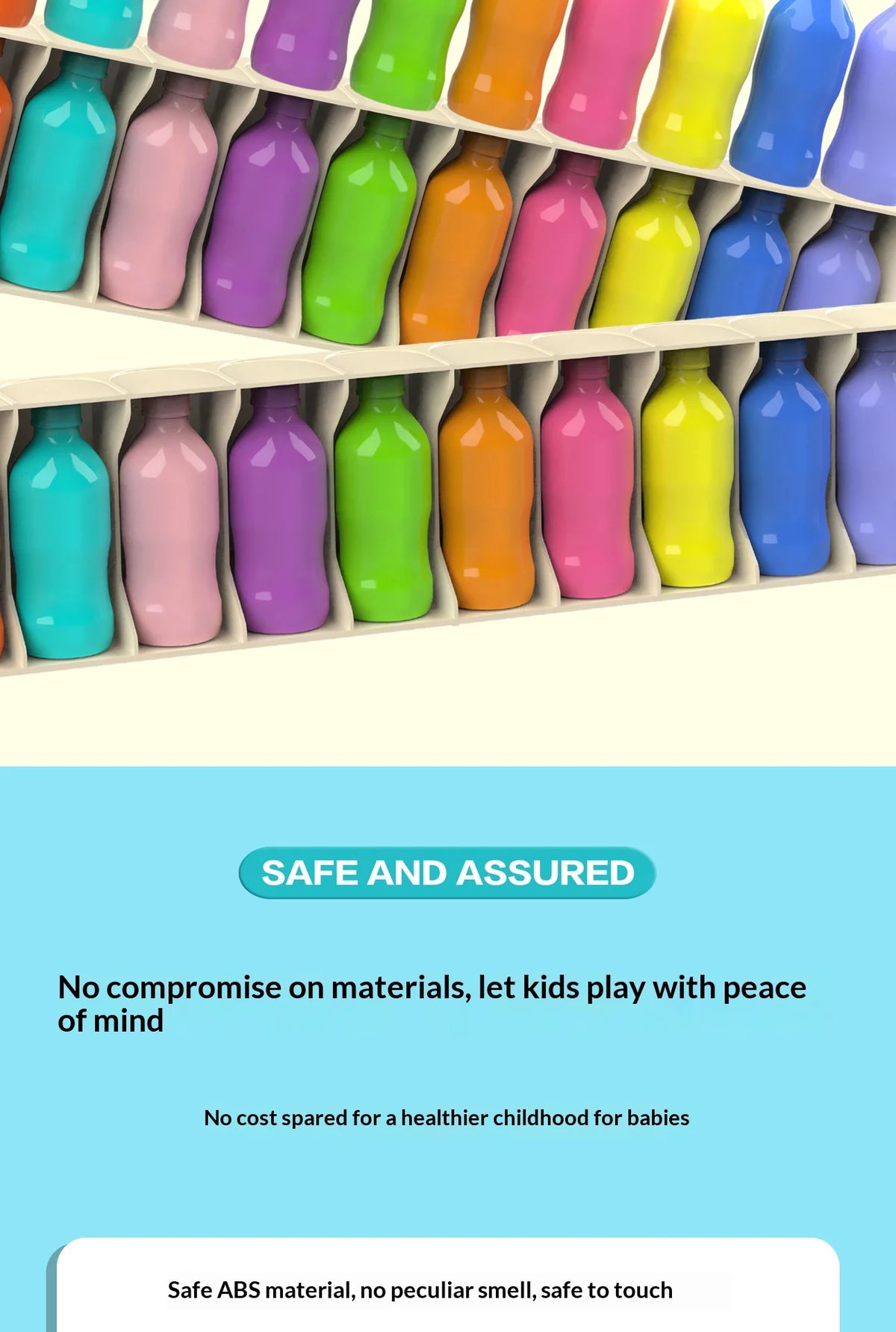 A row of colorful plastic bottles demonstrating color memory matching for kids and adults.