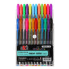 A set of metallic glitter gel pens in various bright colors, including neon shades, displayed vertically.