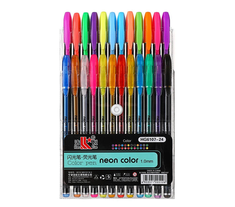 A set of metallic glitter gel pens in various bright colors, including neon shades, displayed vertically.