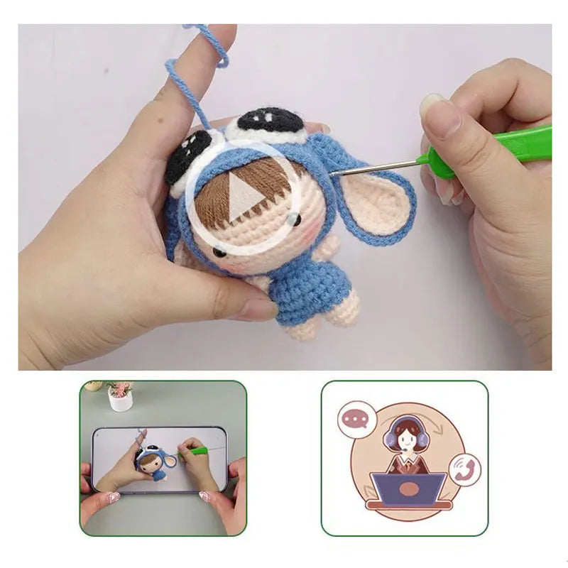 A hand is using a needle to thread a yarn piece onto a crocheted doll kit for beginners.