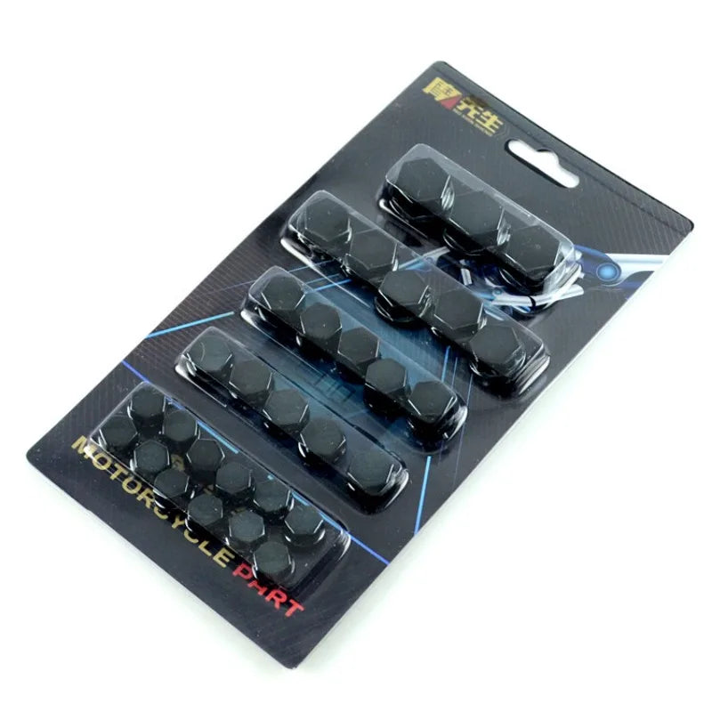 A black plastic set of decorative screw covers for motorcycle parts.