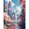 A vibrant cityscape scene featuring tall buildings and pink cherry blossoms under a bright blue sky.