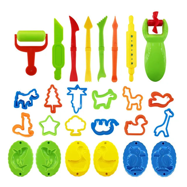 A set of colorful silicone tools and molds for creative play dough and sculpting activities.
