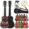 A black ukulele with a red body, featuring various accessories like picks and tuner.
