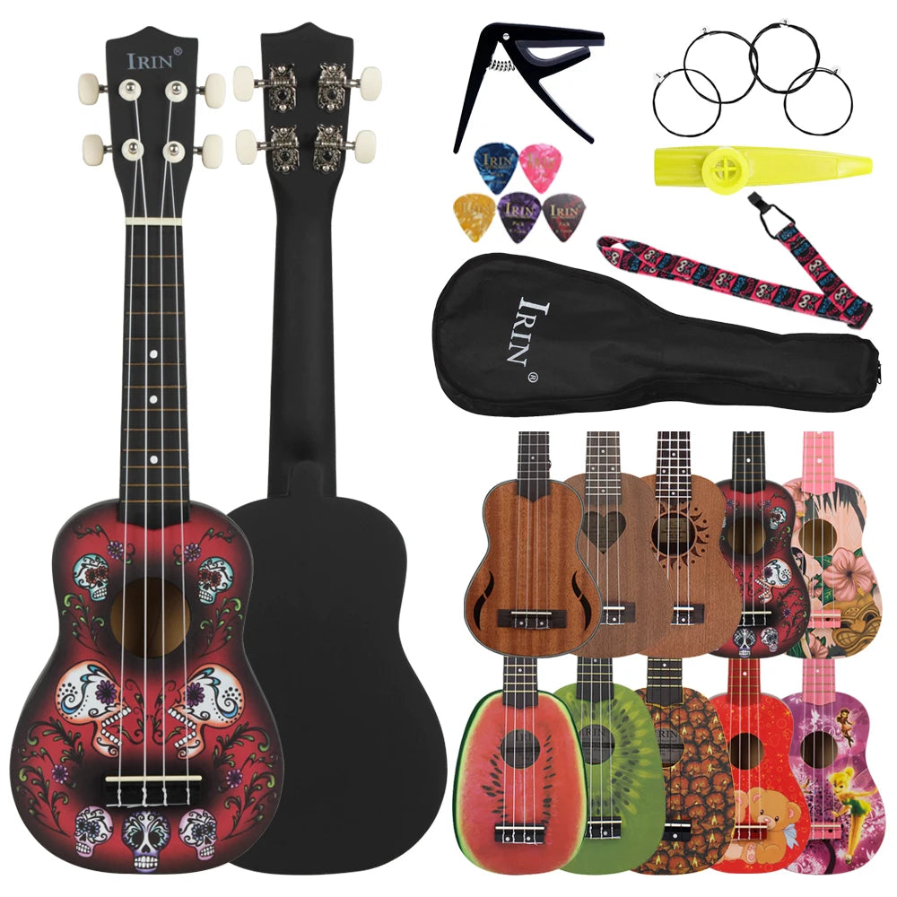 A black ukulele with a red body, featuring various accessories like picks and tuner.
