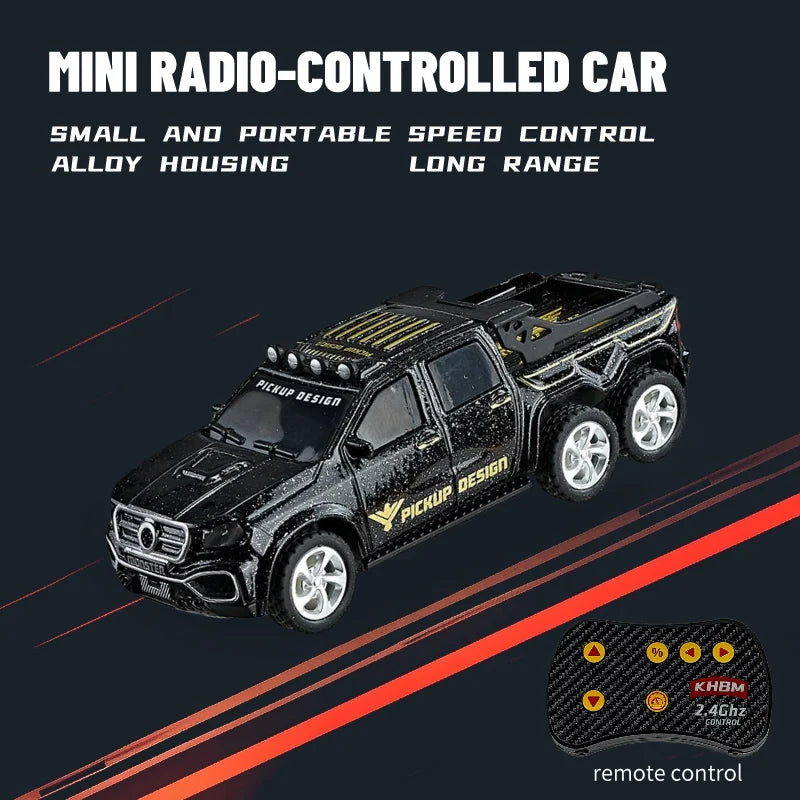 A black mini radio-controlled pickup truck with yellow accents is shown against a dark background.