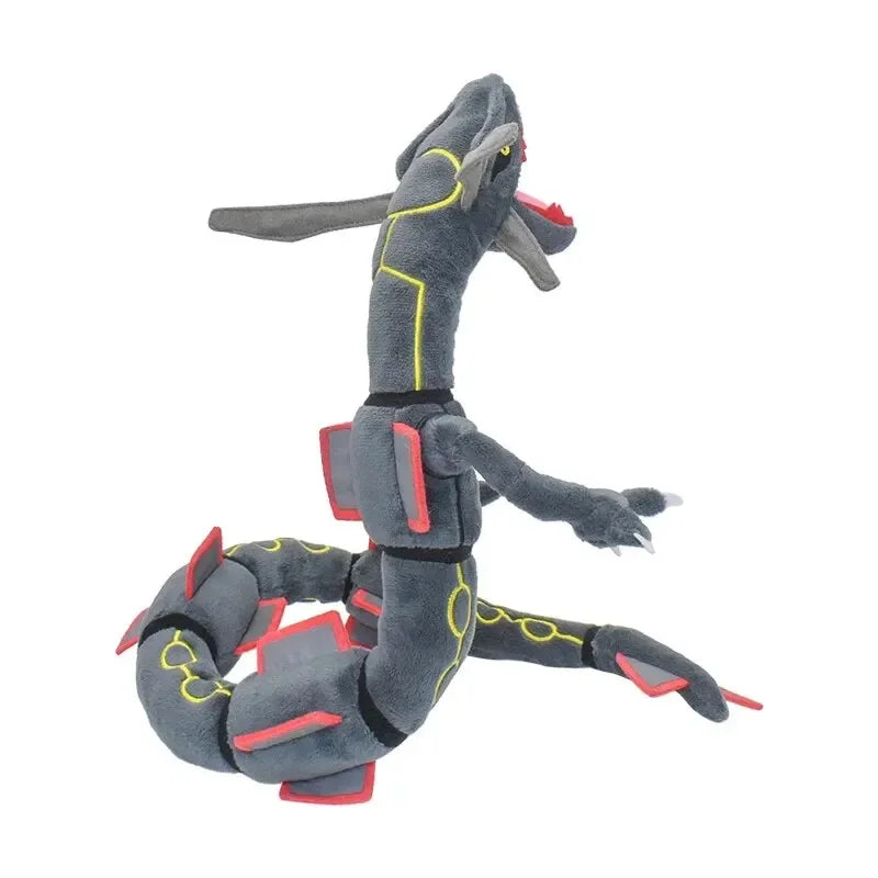 A gray and yellow plush toy of Shiny Rayquaza, a 12-inch collectible stuffed animal.
