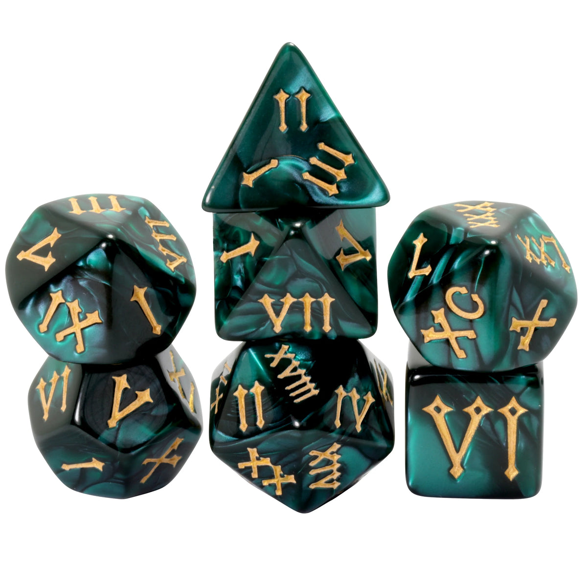 A set of seven elegant polyhedral dice in a dark green marbled finish featuring Roman numerals.