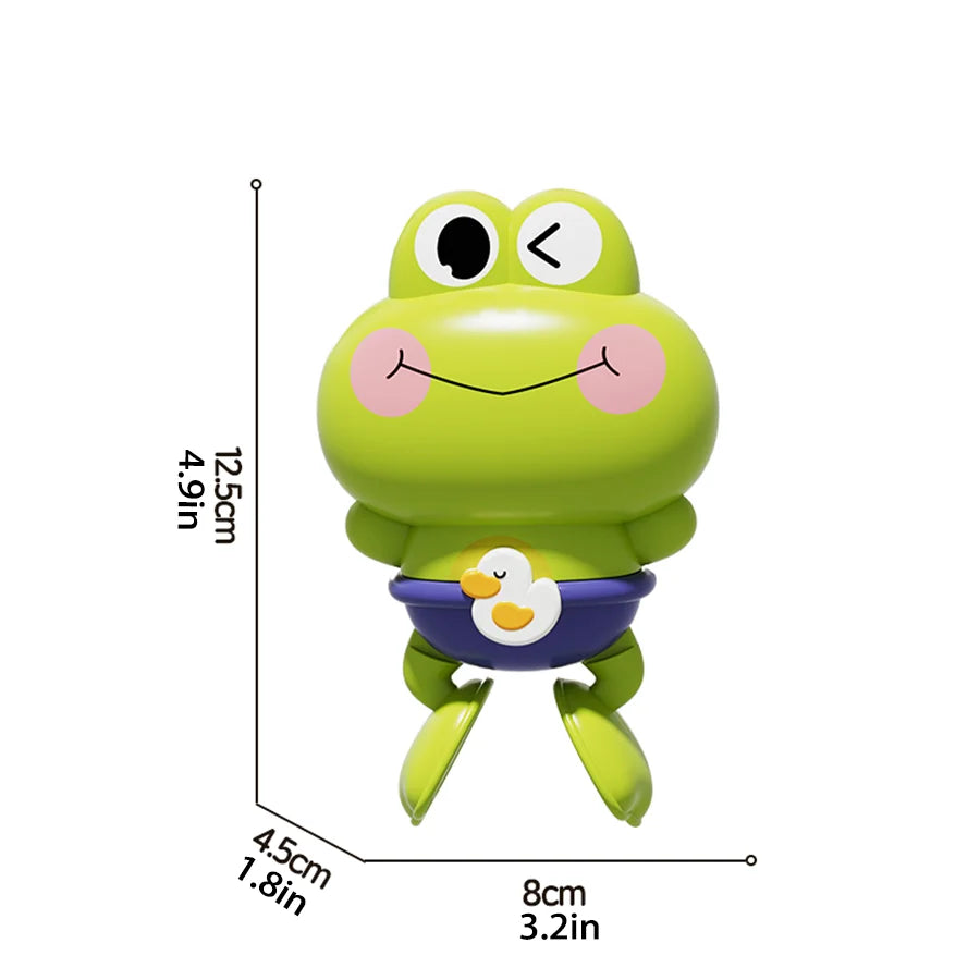 A bright lime green frog bath toy featuring large eyes and a yellow duck decoration.