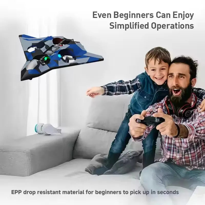 A man and a boy are shown enjoying a remote control stunt glider with LED lights in a living room setting.