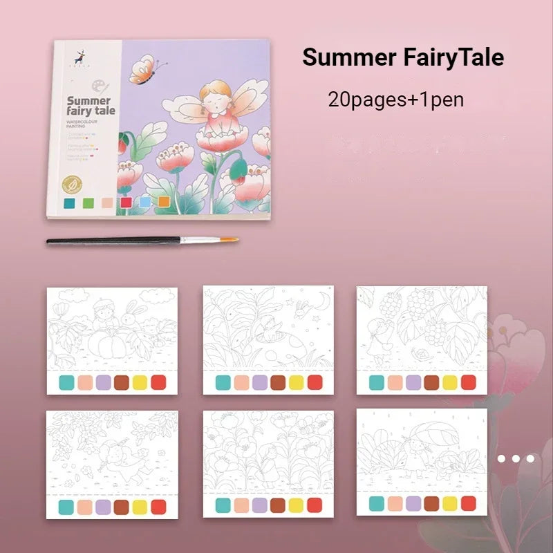 A watercolor painting book titled Summer Fairy Tale with 20 pages and a pen, featuring colorful floral and nature designs.