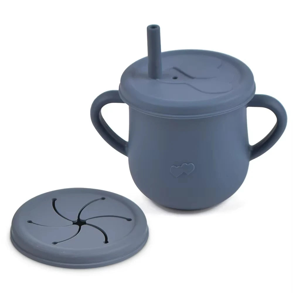 A gray BPA-free silicone snack cup with a lid and a separate silicone plate for babies and toddlers.
