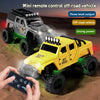 A yellow mini off-road RC vehicle is shown with a remote control being operated, featuring three level output and strong powe