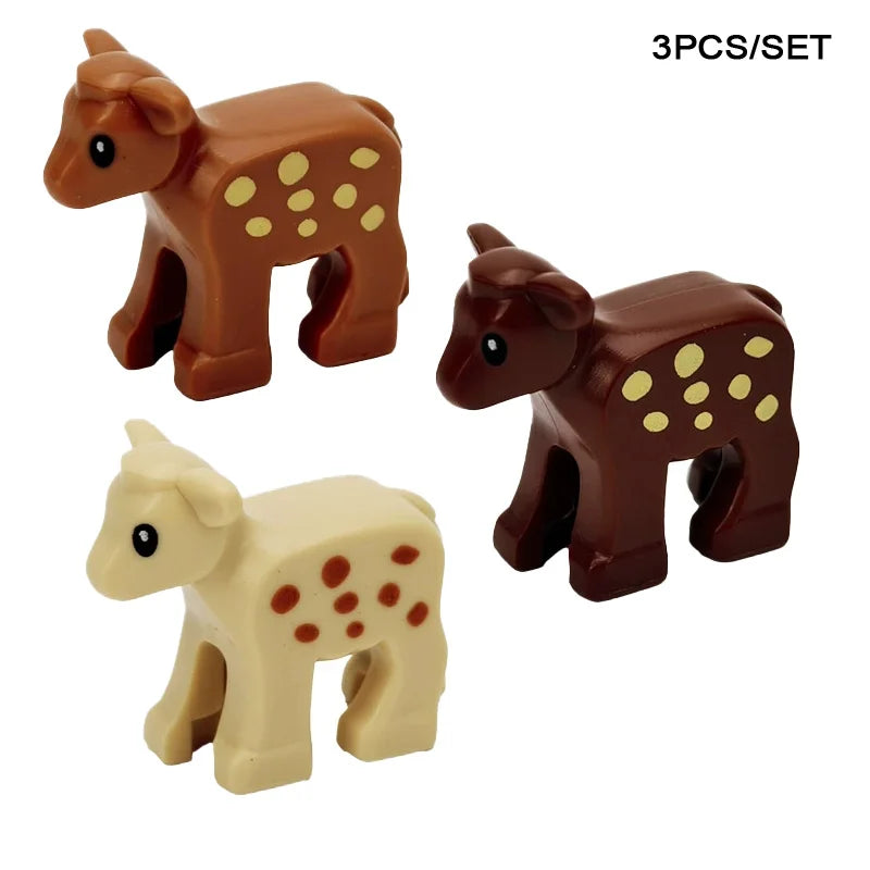 A set of three wooden animal building blocks featuring a brown horse, a dark brown horse, and a cream-colored horse.