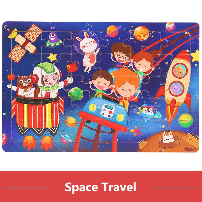 A colorful wooden tangram puzzle featuring space-themed animals and vehicles like rockets and planets.