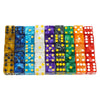 A set of ten marble acrylic dice in various colors arranged in a single row.
