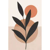 A minimalist illustration of a black leaf branch against an orange circle on a beige background.
